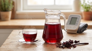 Jarra de vidrio con infusión roja, taza humeante, flores secas de jamaica y un baumanómetro digital sobre una mesa de madera.