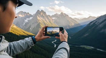 Una persona con gorra y chaqueta sostiene un teléfono móvil grabando un paisaje de montañas con cumbres nevadas, valles verdes y un río.