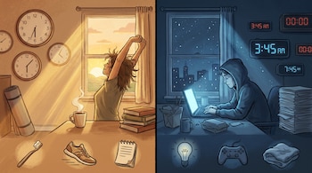 Ilustración dividida mostrando a una persona estirándose al amanecer y otra trabajando en una laptop de noche, con relojes y objetos de sus rutinas.