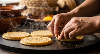 Primer plano de manos pellizcando los bordes de sopes dorados sobre un comal humeante. Se aprecian cuatro sopes en total y vapor saliendo.