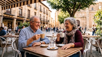 Un hombre y una mujer de edad avanzada sentados a una mesa con tazas de café y galletas en la terraza de una plaza.