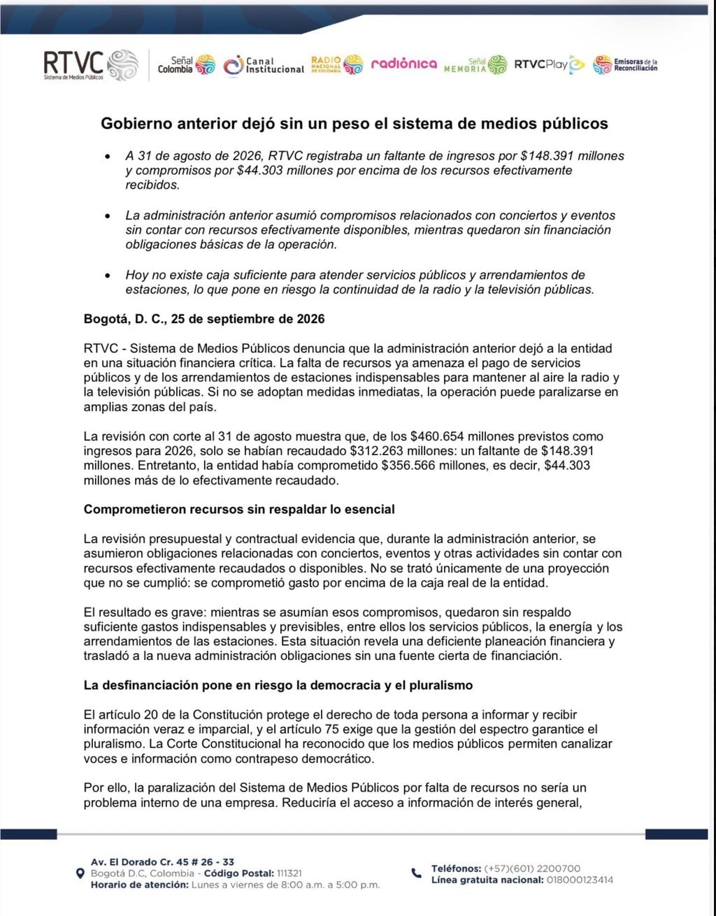 Comunicado oficial de Rtvc sobre la situación financiera que dejó el Gobierno Petro - crédito @MariaFdaCabal/X
