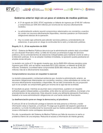 Comunicado oficial de Rtvc sobre la situación financiera que dejó el Gobierno Petro - crédito @MariaFdaCabal/X