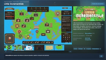 Captura de pantalla de un monitor de ordenador que muestra el videojuego Little Incrementisle con un mapa de islas, edificios, menús e indicadores