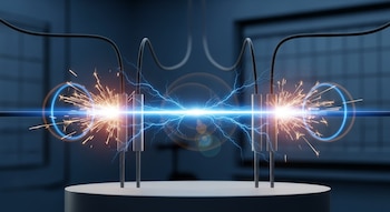 Ilustración de una celda electroquímica con dos electrodos conectados por cables, un haz de luz azul y chispas naranjas intensas entre ellos, en un laboratorio oscuro.
