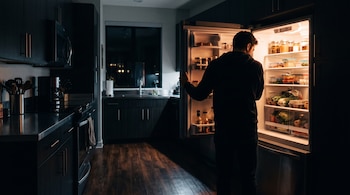 Silueta de un hombre de espaldas mirando el interior iluminado de una heladera abierta en una cocina oscura con piso de madera.