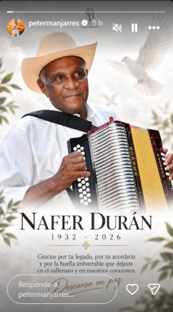 El cantante Peter Manjarrés rindió homenaje a Náfer Durán con un mensaje de agradecimiento por la huella que dejó en el género musical - crédito @petermanjarres/Instagram