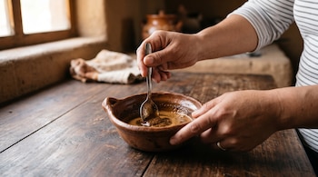 Dos manos revuelven con una cuchara una mezcla líquida de café dentro de un cuenco de barro sobre una mesa de madera rústica.