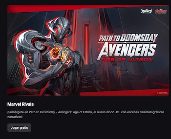 Ilustración de Ultron en primer plano, con armadura gris metálica y detalles rojos brillantes, sobre un fondo futurista oscuro con iluminación roja y los logos de Marvel Rivals y Path to Doomsday