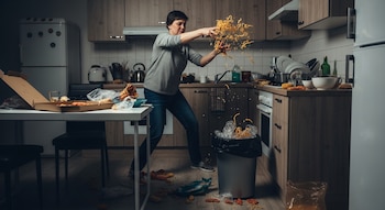 Una mujer de cabello corto y ropa casual arroja comida al aire que cae en un bote de basura en una cocina muy desordenada.