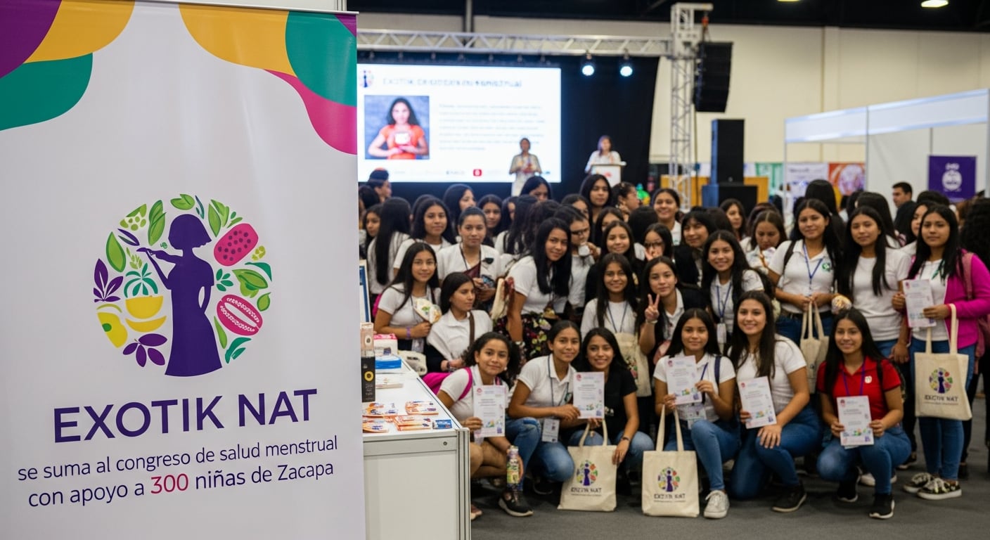 Un grupo de 300 niñas de Zacapa celebra el apoyo de EXOTIK NAT en un congreso de salud menstrual, posando con certificados y bolsas en el evento. (Imagen Ilustrativa Infobae)