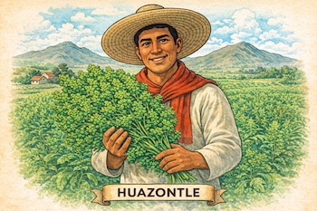 Ilustración de un hombre con sombrero de paja y rebozo rojo que sostiene un manojo de huazontle en un campo verde, con montañas y casas en el horizonte.