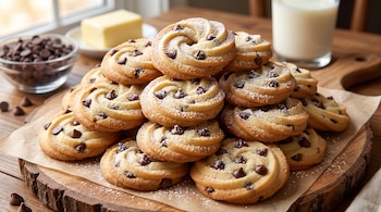 Un montón de galletas de mantequilla con chispas de chocolate y azúcar glas sobre papel de horno. Al fondo se ven chispas, mantequilla y un vaso de leche.
