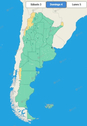 Mapa de Argentina teñido de verde y amarillo con opciones superiores marcadas para sábado 3, domingo 4 y lunes 5