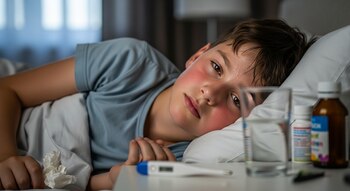 Un niño recostado en cama con rostro sonrojado y sudor, junto a termómetro, vaso con agua, pañuelo de papel y envases de medicinas.