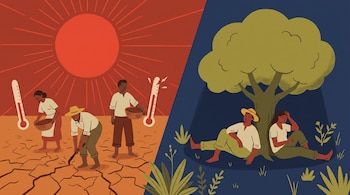 Ilustración con dos escenas: a la izquierda, sol, termómetros y campesinos en tierra agrietada; a la derecha, tres personas descansan bajo la sombra de un árbol.