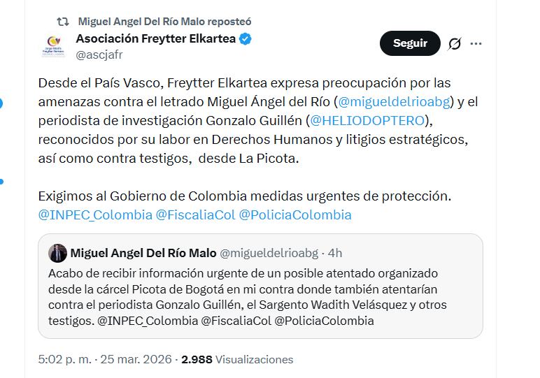 La Asociación Freytter Elkartea rechazó el atentado que se habría planeado en contra del abogado Del Río - crédito @ascjafr/X