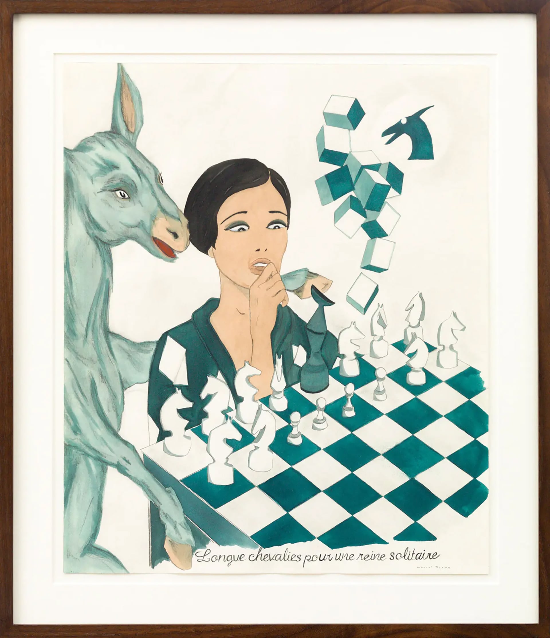 Dibujo de Marcel Dzama, 'Demasiadas noches y solo una reina o Caballeros largos para una reina solitaria', 2014. (El artista participará en el evento del MoMA). Una sola reina de color verde azulado rinde homenaje a un famoso juego de ajedrez diseñado por el artista surrealista Max Ernst, y los caballos del tablero están basados en un diseño de Marcel Duchamp (Foto: Marcel Dzama, via David Zwirner)