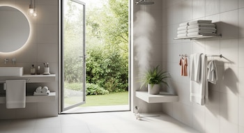 Un baño moderno con azulejos claros, ventana abierta al jardín, lavabo, espejo redondo, ducha con vapor, toallas dobladas y colgadas, y una planta en maceta.