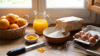 Naranjas en cesta, jarra con jugo de naranja, tazón con ralladura, paquete y tazón de harina integral fina, seis huevos en cartón, rallador y batidor sobre una mesa.