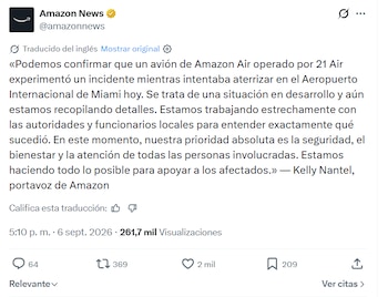 El comunicado de Amazon no precisó la carga del avión, el estado previo de la aeronave ni cambios en la operación aérea tras el incidente (Captura X)