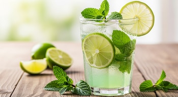 Vaso de agua con rodajas de lima, hojas de menta y cubitos de hielo, sobre una mesa de madera. Limas enteras y cortadas, y ramitas de menta, en segundo plano.