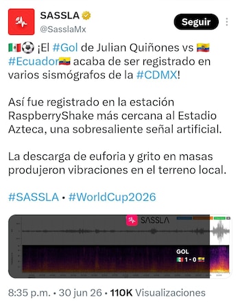Un tuit de SASSLA con texto sobre un gol de Julian Quiñones, banderas de México y Ecuador, y un gráfico de actividad sísmica