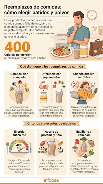Infografía sobre reemplazo de comidas con texto, gráficos de vasos con batidos, un plato de comida, un reloj y un medidor de calorías.