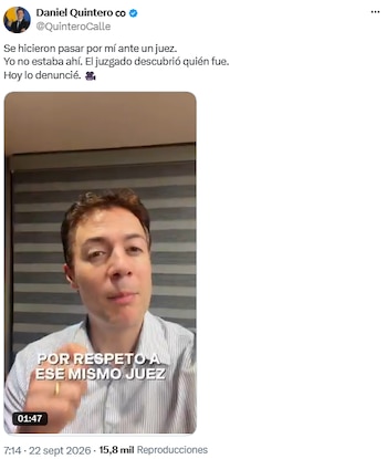 Daniel Quintero pidió investigar quién usó su nombre en una diligencia judicial - crédito @QuinteroCalle/X