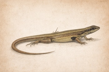 Ilustración de una lagartija Stenocercus aguilari de perfil, con cuerpo alargado, escamas, patas robustas y cola larga, sobre un fondo beige de papel envejecido.