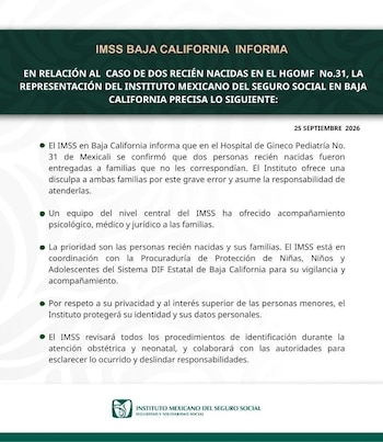 Comunicado oficial con el logotipo del Instituto Mexicano del Seguro Social y texto explicativo distribuido en cinco puntos