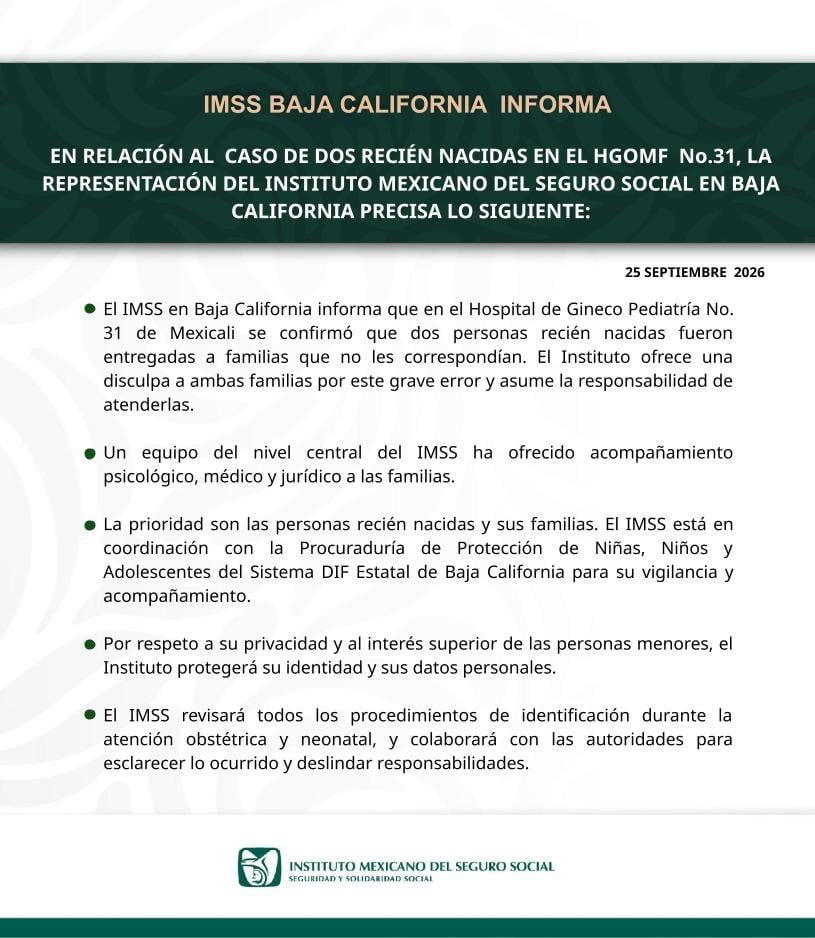 Una tarjeta informativa del Instituto Mexicano del Seguro Social en Baja California detalla las medidas tras el intercambio de dos recién nacidas en un hospital de Mexicali. (IMSS)
