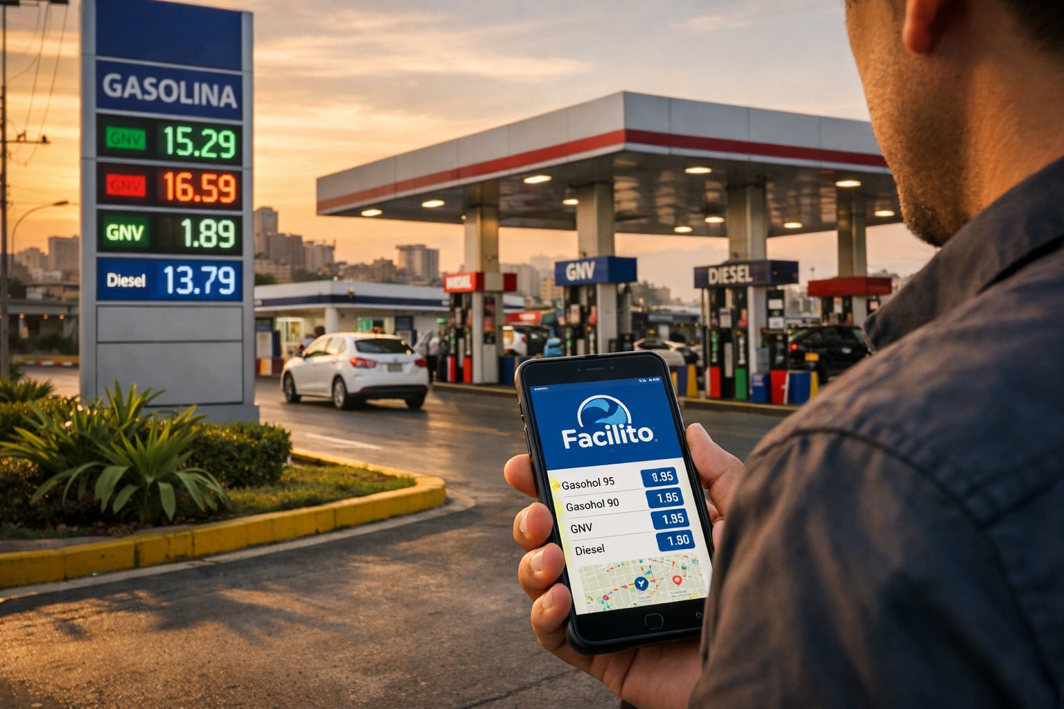 Un conductor consulta la aplicación Facilito de Osinergmin en su móvil para comparar precios de gasolina, GNV y diésel en una estación de servicio moderna en Lima al atardecer. (Imagen Ilustrativa Infobae)