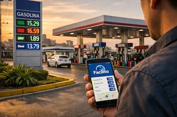 Hombre sosteniendo un teléfono móvil con la aplicación Facilito abierta, mostrando precios de combustible, frente a una estación de servicio con surtidores y cartel de precios al atardecer en Lima.