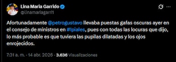 La representante Lina María Garrido cuestionó al presidente Gustavo Petro por el uso de gafas oscuras durante su intervención en Ipiales y lanzó un polémico señalamiento en redes sociales - crédito @linamariagarri1/X