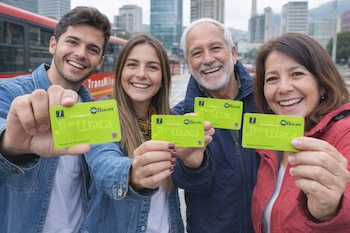 Cuatro personas sonrientes, dos hombres y dos mujeres, sostienen tarjetas verdes TransMilenio "Sitpaca" frente a un bus rojo y edificios urbanos.