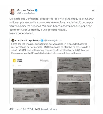 Gustavo Bolívar se fue en contra del "banco de los Char" ante presunta corrupción - crédito @GustavoBolívar/X