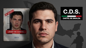 Retrato ilustrado de Iván Archivaldo Guzmán Salazar, ficha policial "Se Busca", logo ICE, logo del Cartel de Sinaloa, silueta de México y sombra de agente armado.