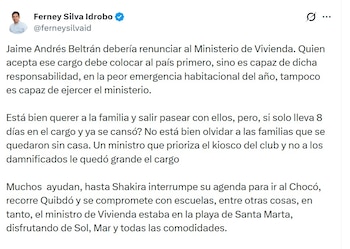 El senador Ferney Silva criticó que Jaime Andrés Beltrán tomara un “descanso” cuando llevaba menos de diez días como ministro - crédito @ferneysilvaid/X