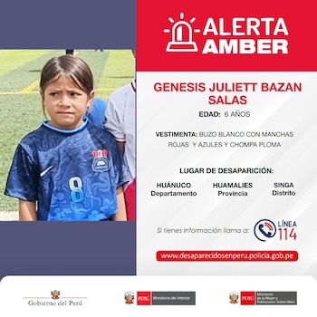 Afiche de Alerta Amber con la fotografía de una niña, sus datos personales, descripción de vestimenta y detalles del lugar de desaparición en Huánuco, Perú