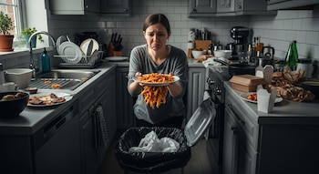 Mujer con expresión de tristeza sosteniendo un plato de patatas fritas con salsa sobre un cubo de basura abierto en una cocina desordenada.