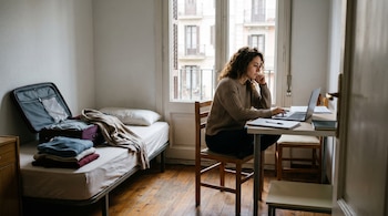 Una mujer sentada en una silla usa un portátil sobre una mesa. En la habitación hay una cama, ropa doblada, una maleta abierta y una ventana con edificios.