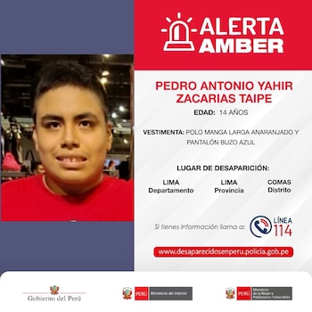 Flyer Alerta Amber. Retrato adolescente, nombre Pedro Zacarias Taipe, 14 años. Vestimenta, desaparición Lima. Contacto Línea 114, web. Logos Gobierno de Perú, Ministerios