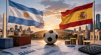 Bandera de Argentina, bandera de España, obelisco, edificios urbanos, estadio deportivo, balón de fútbol, contenedores de carga, pilas de monedas, calculadora, documentos con gráficos