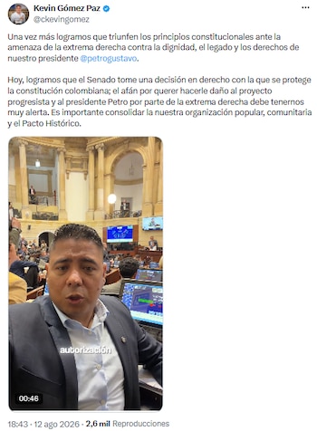 Kevin Gómez Paz celebró aval del Senado a Gustavo Petro y destacó defensa institucional - crédito @ckevingomez/X