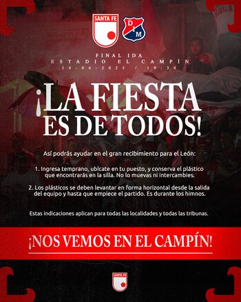Estas son las medidas de seguridad para los hinchas que irán al Campin - crédito @SantaFe / X