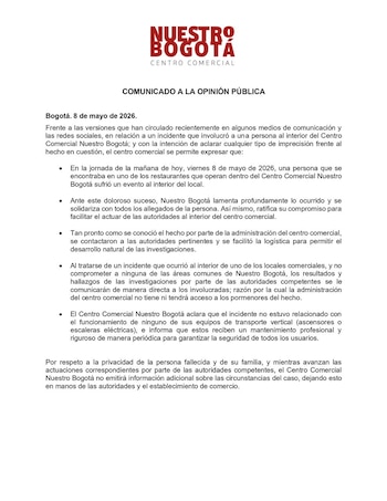 La administración del centro comercial Nuestro Bogotá emitió un comunicado expresando condolencias a la familia de la víctima y compromiso con la investigación - crédito prensa Nuestro Bogotá