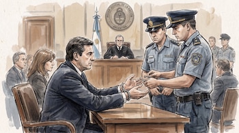 Ilustración de un hombre esposado, dos policías con llaves, un juez, una bandera argentina y el sello del Poder Judicial en un tribunal.