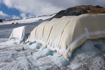 Lonas de color claro sujetas con tiras blancas cubren grandes bloques de hielo sobre la ladera nevada de una montaña
