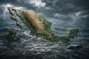 Mapa tridimensional de México sobre agua agitada bajo la lluvia con relámpagos, la copa de un árbol y el techo de un automóvil.
